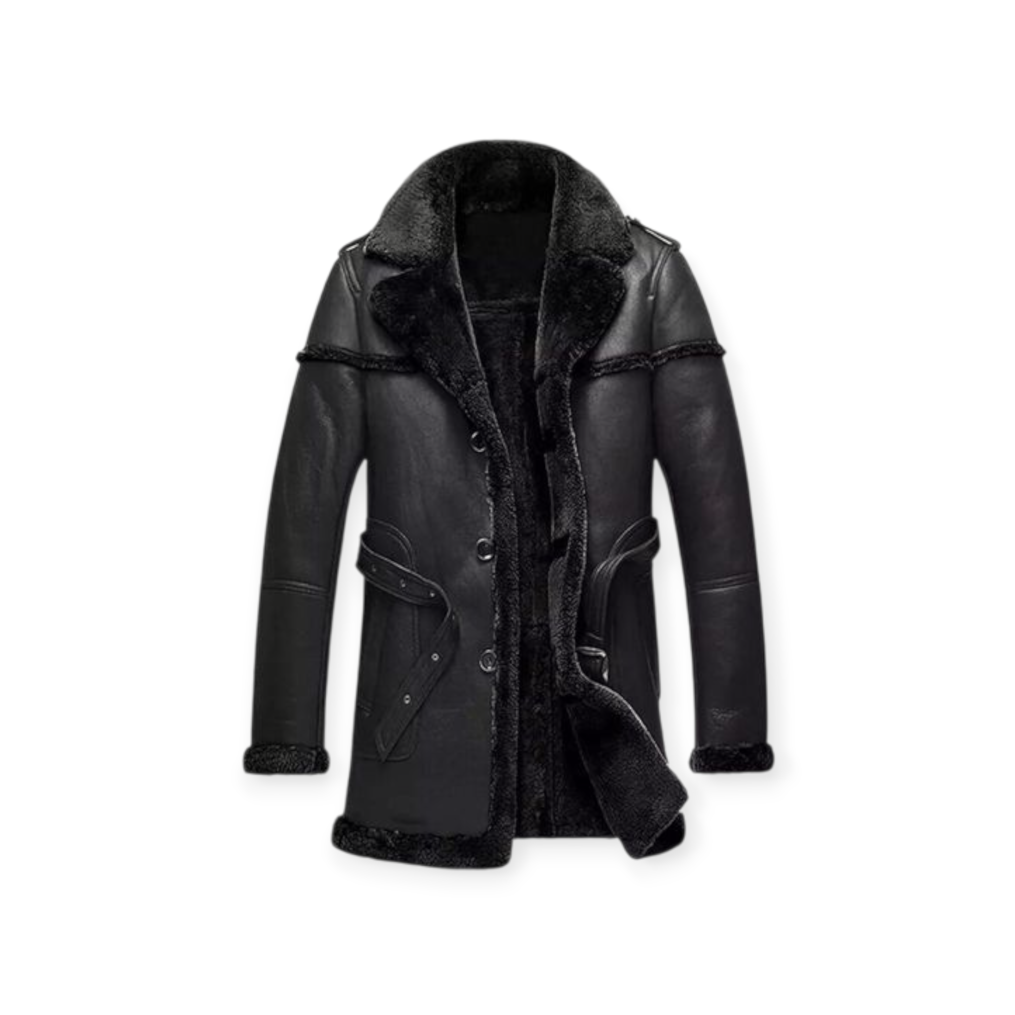 Black leather coat with fur lining view showing premium detailing – Qintaar