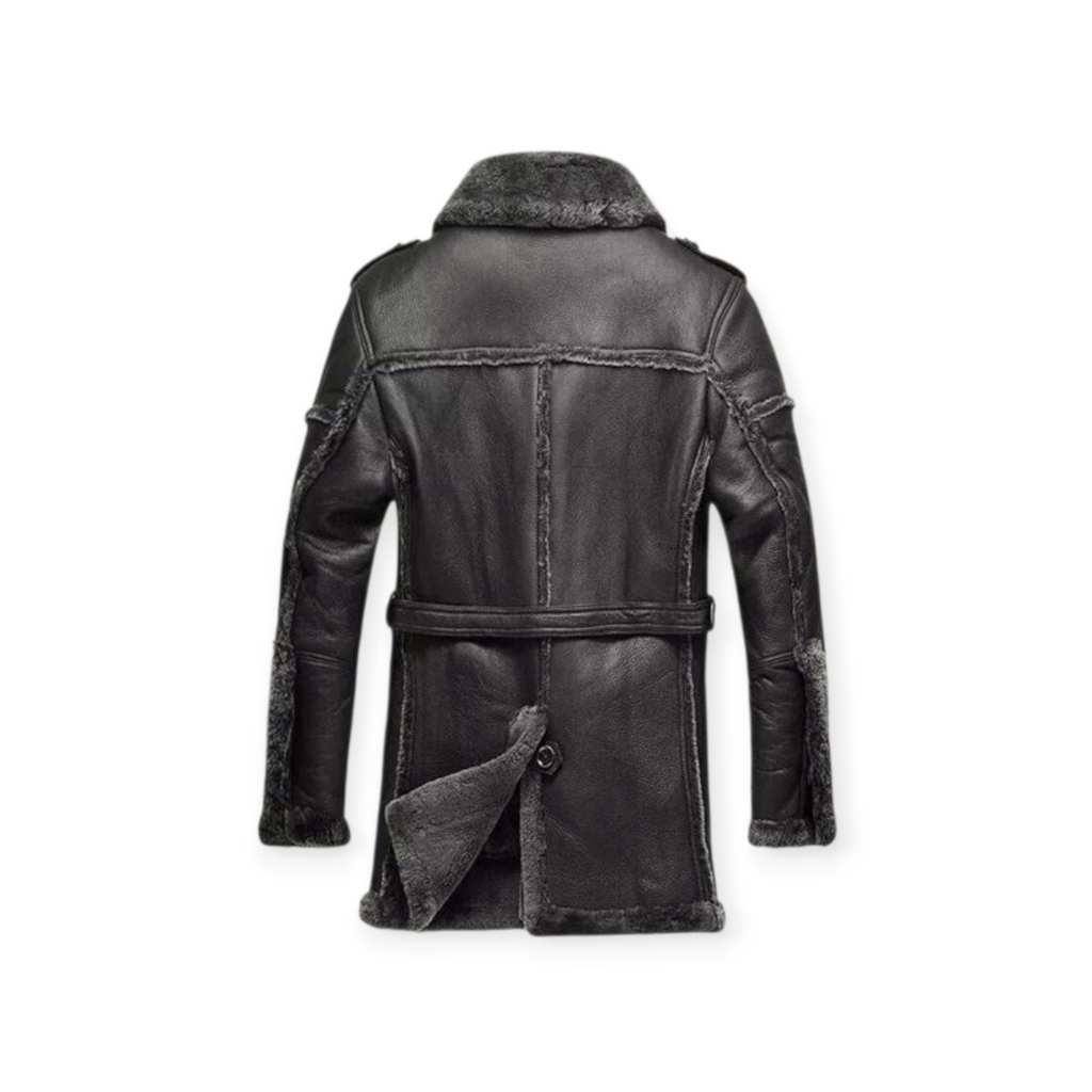 Black leather coat with fur lining back view showing premium detailing – Qintaar