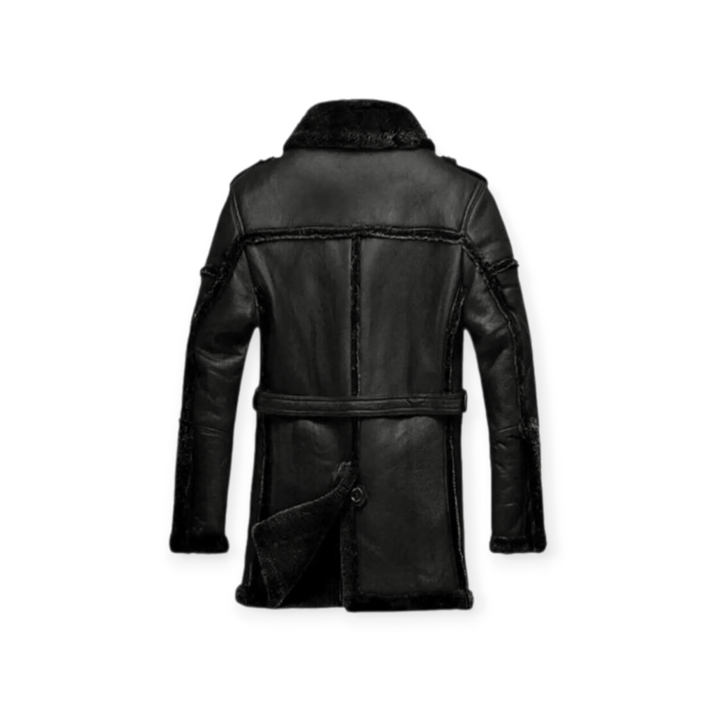 Black leather coat view showing premium detailing – Qintaar
