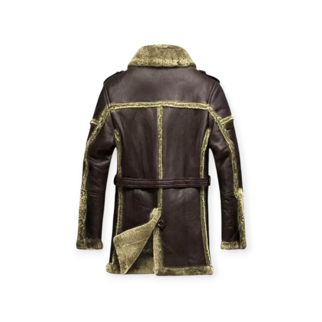 Brown leather coat with fur trim back view showing premium detailing – Qintaar