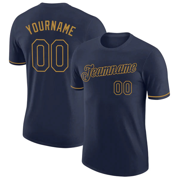 Combined front and back view of dark blue Designer T-Shirt with vibrant multicolored floral pattern and custom name placeholder – Qintaar