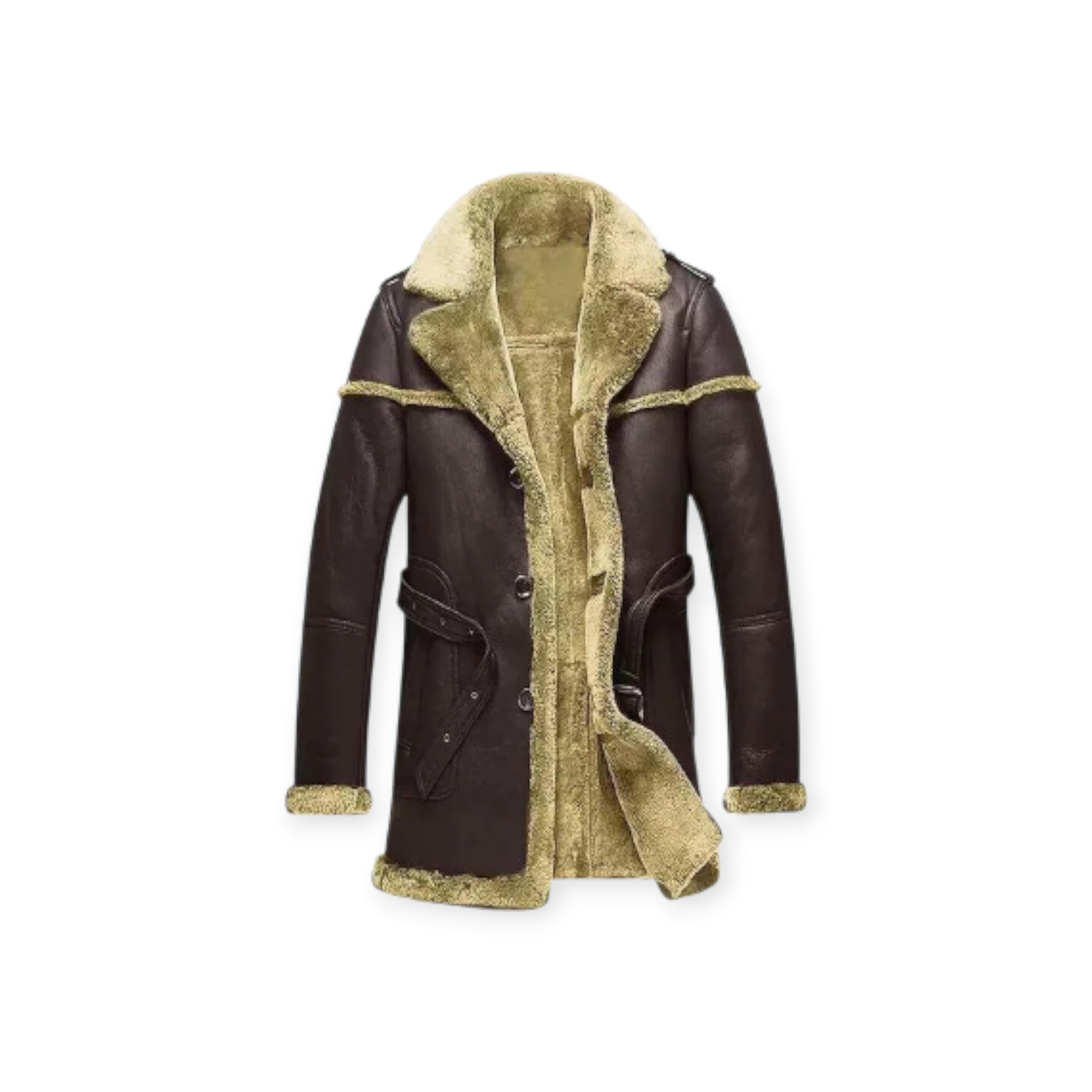 Brown leather coat with beige fur lining view showing premium detailing – Qintaar