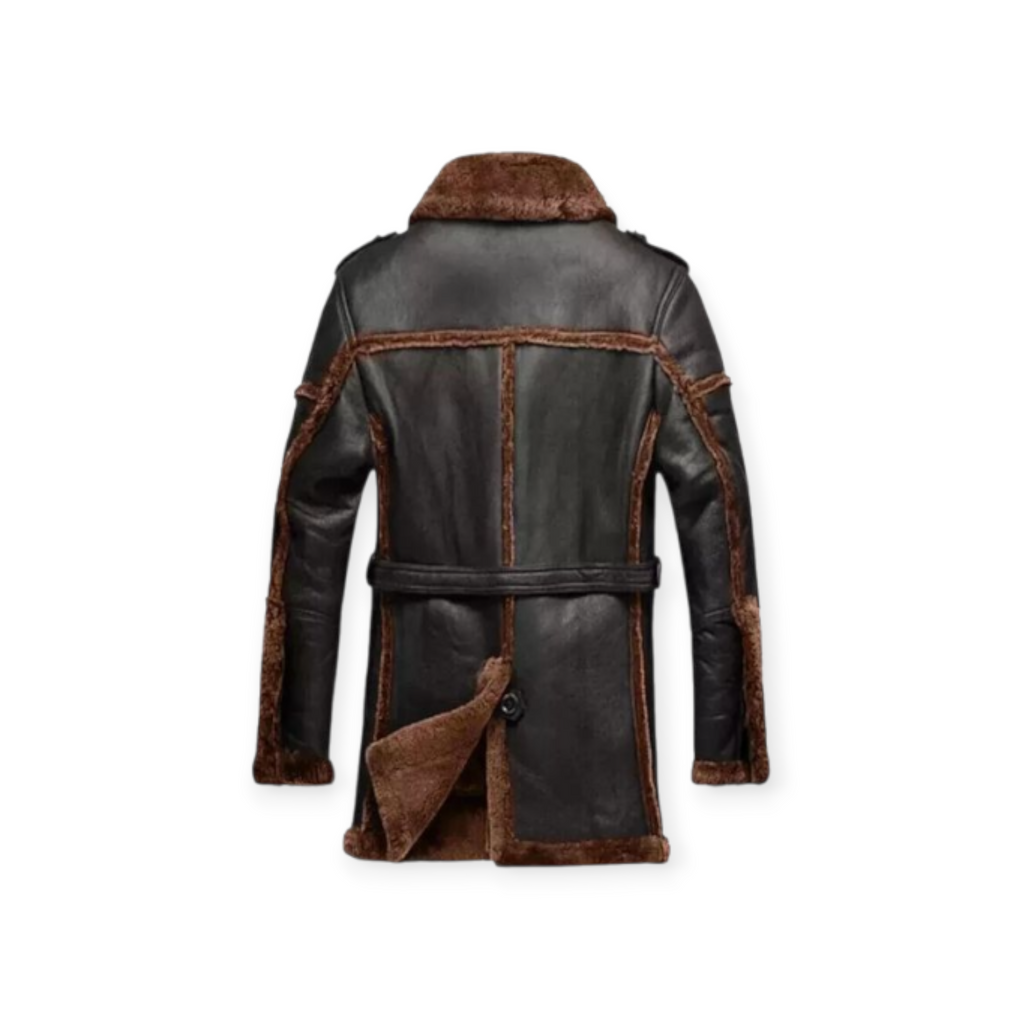 Brown leather coat with fur lining back veiw