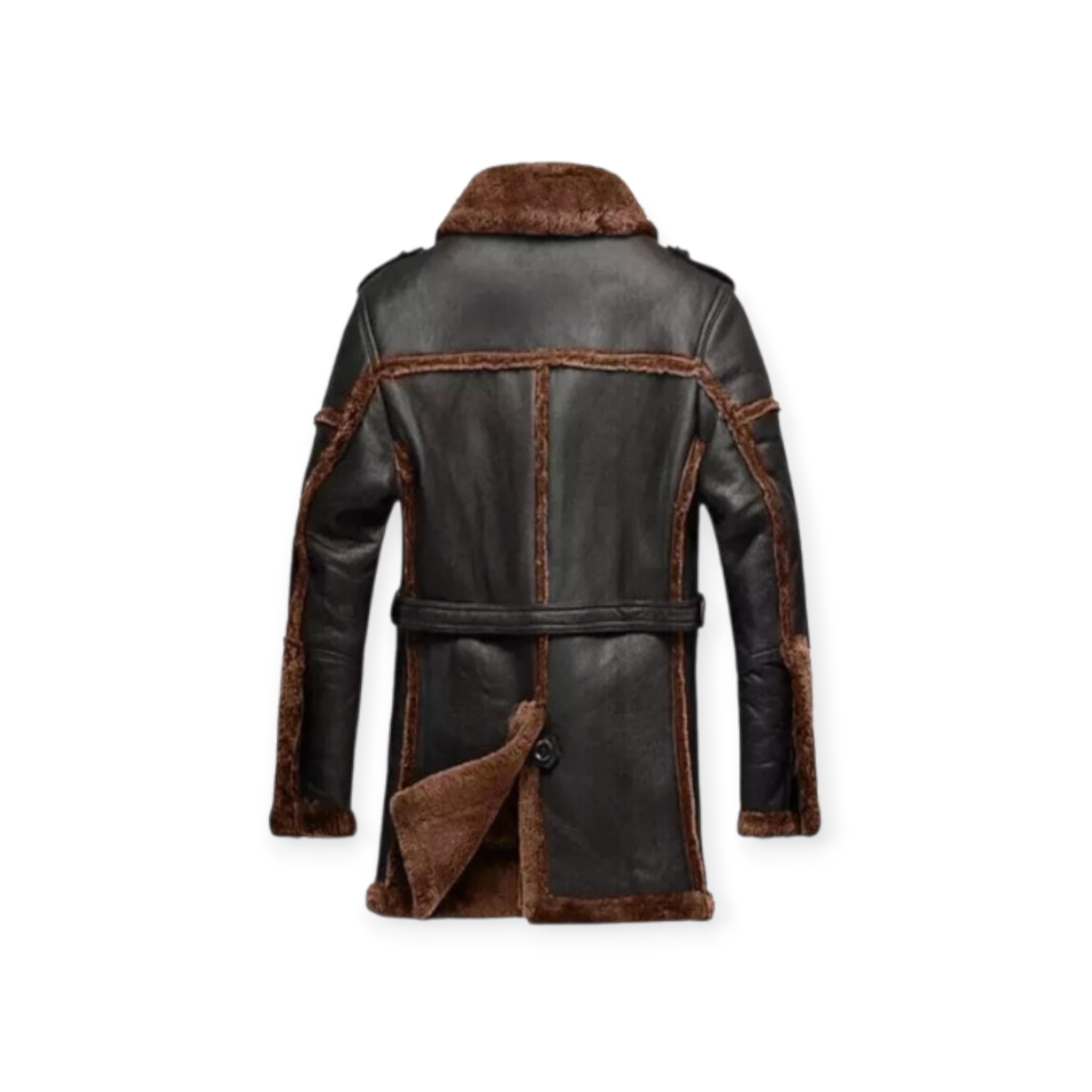 Brown leather coat with fur lining back veiw