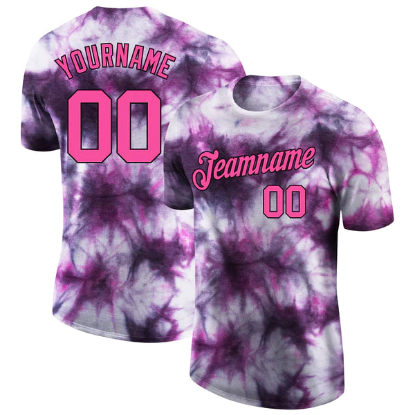 Combined front and back view of purple Designer T-Shirt with vibrant multicolored floral pattern and custom name placeholder – Qintaar