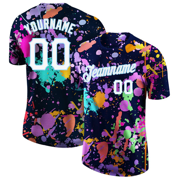 Combined front and back view of multi colorDesigner T-Shirt with vibrant multicolored floral pattern and custom name placeholder – Qintaar