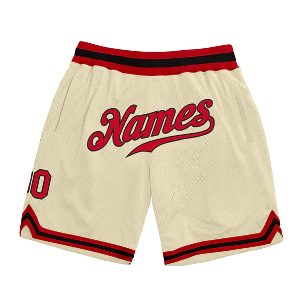 Beige basketball shorts with red view showing premium detailing – Qintaar