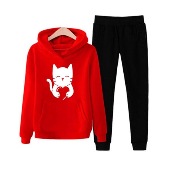 A red hoodie with a cat on the front, paired with black pants.