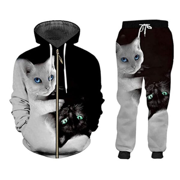 A track suit with a hooded jacket and pants featuring a black and white cat pattern.