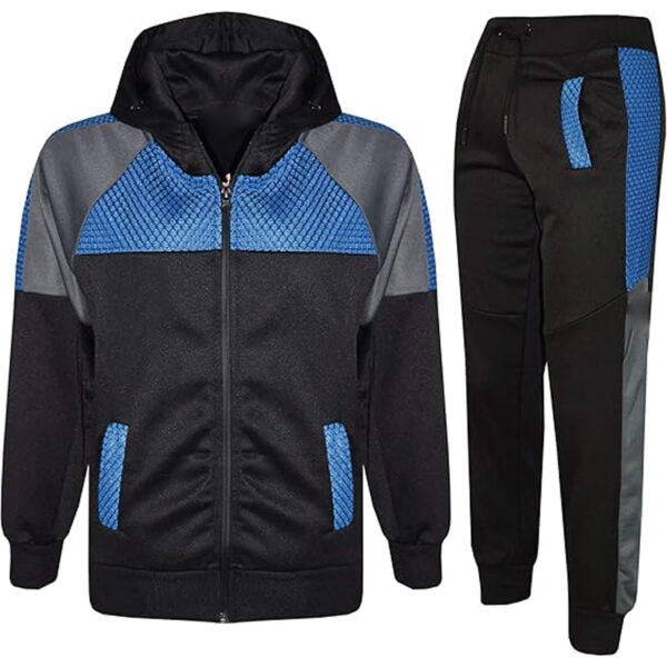 track suit with black, blue, and gray colors of a hooded jacket and  pants.