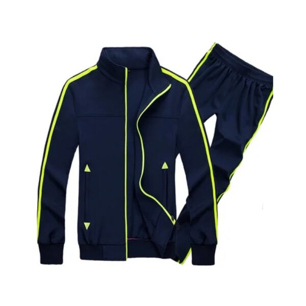 A navy blue track suit with green accents view showing premium detailing – Qintaar
